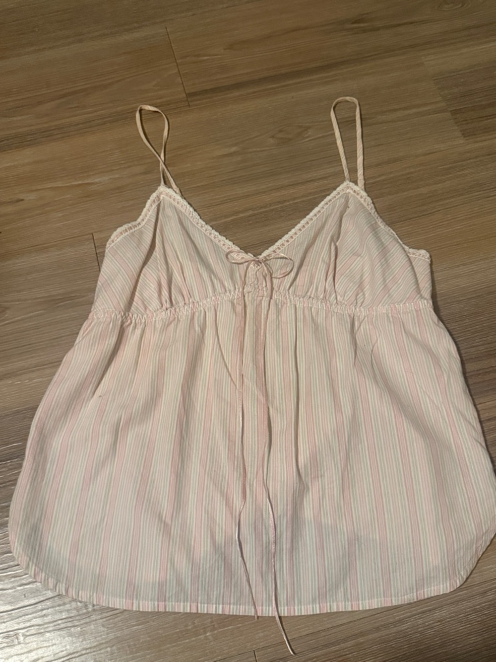 Vintage Rare Light Pink and Light Brown Striped Camisole Tank Top Bow Lace Trim